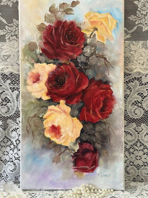 Victorian Vtg Style Deep Burgundy / Yellow Roses Oil 12 X 24 Canvas French Decor