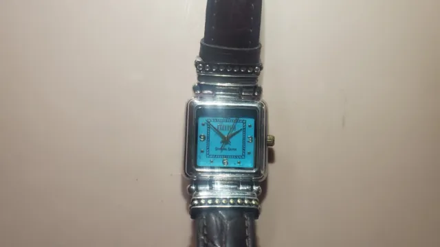 Ecclissi Sterling Silver Turquoise Face Leather Band Wristwatch