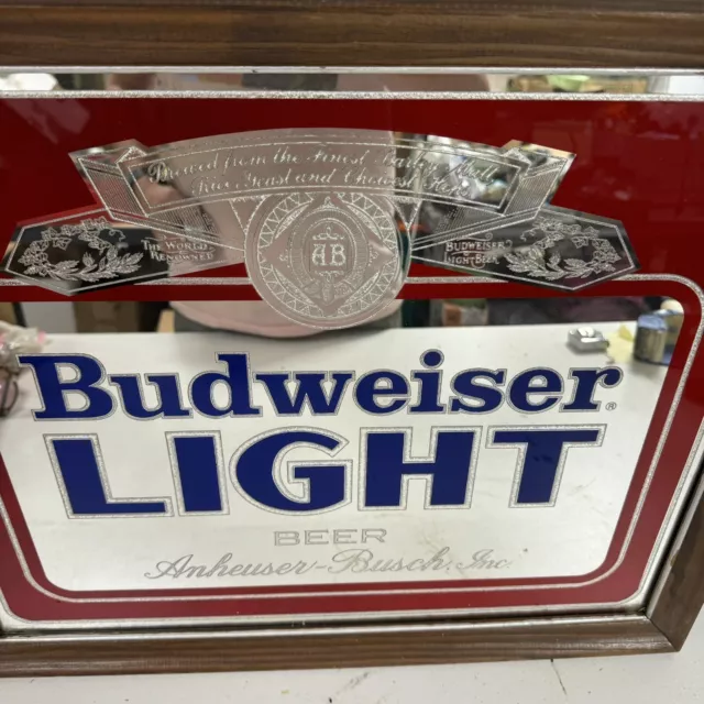 VTG Budweiser Light Beer Mirror 18x22 Bud Anheuser Busch 80’s Framed Bar Sign BH 2