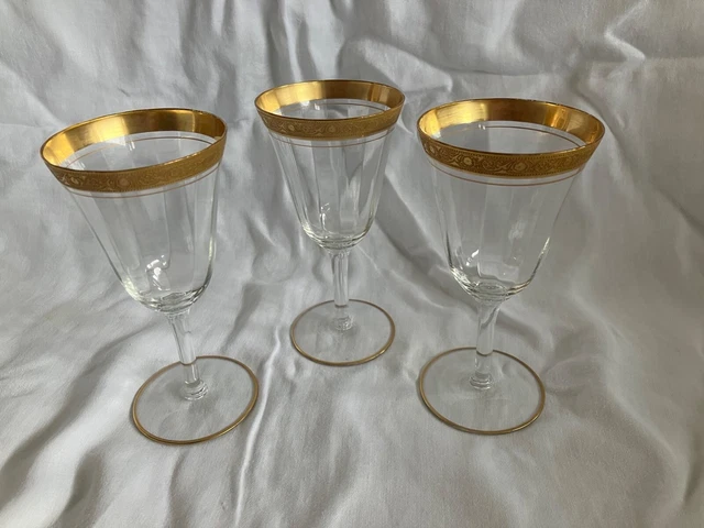 Three vintage Tiffin Minton Water Goblets 6 5/8” Tall Gold Trim Excellent Condit