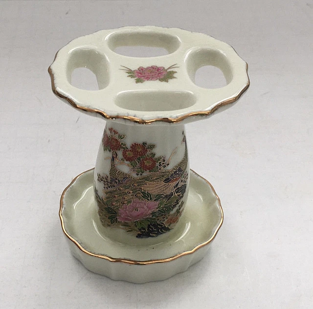 Vintage porcelain 4 slot toothbrush holder floral peacock design  cottage chic
