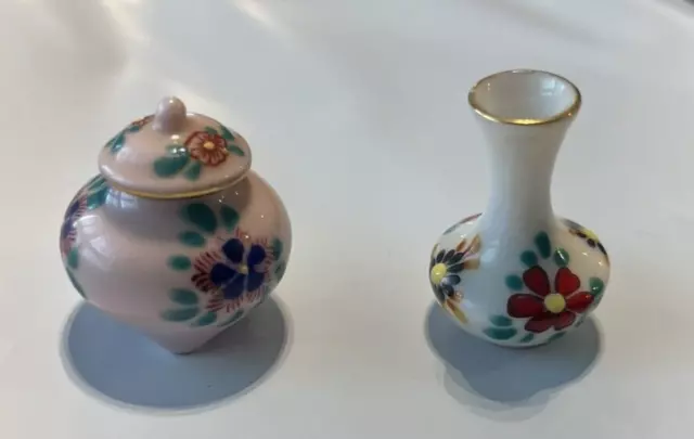 Set of 2 Dollhouse Miniature Porcelain Vases Artisan Signed  White & Pink w/ Lid