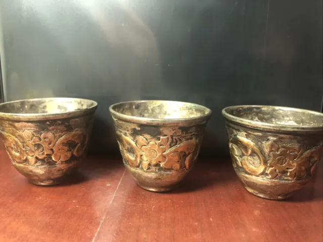 Three Antique Cups, Wine Drinking Vessel German Silver With Floral Design ￼