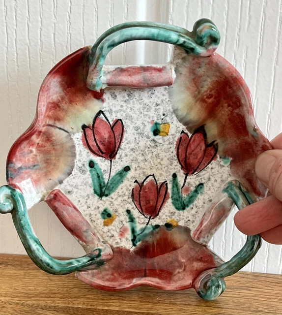 Vintage Italian Hand Painted Floral Art Pottery Ceramic Bowl Dish - 3 Handled