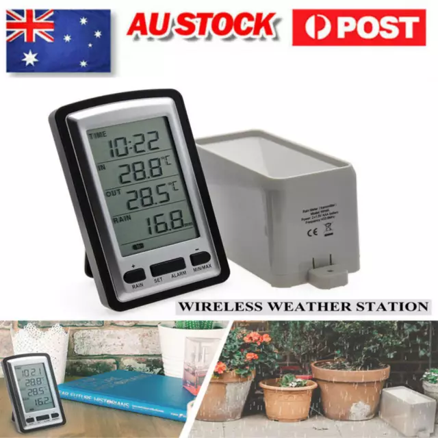 Wireless Weather Station Thermometer LCD Digital Alarm Clock Rain Gauge Meter AU