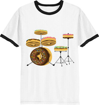BATTERIA BATTERISTA Donut Ciambella Ringer T-shirt Uomo Drumming KIT