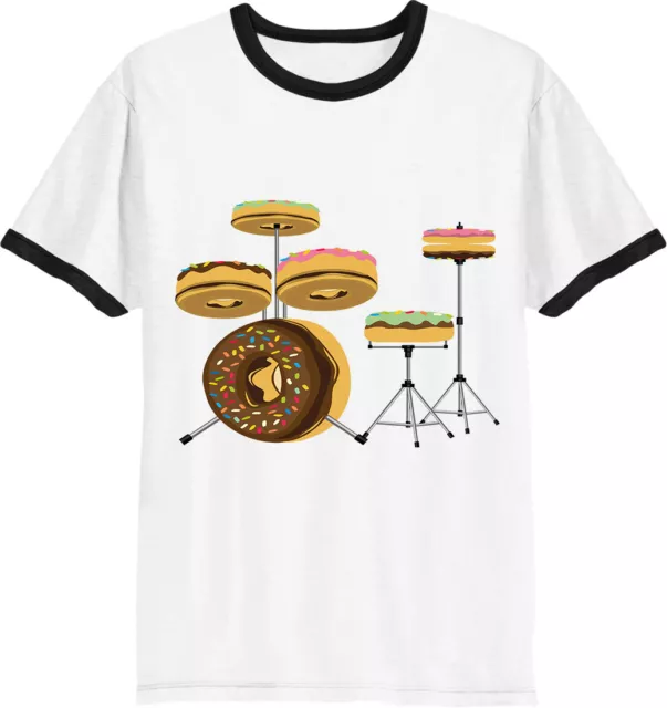 Drum Drummer Donut Doughnut Ringer Mens T-Shirt Drumming Kit