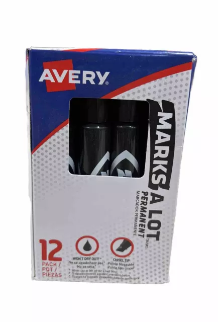 Avery Marks A Lot Permanent Markers, Black, Chisel Tip, (12 PACK) 07888-400