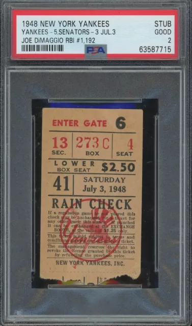 July 3, 1948 New York Yankees Ticket Stub PSA 2 GD Joe DiMaggio RBI #1,192