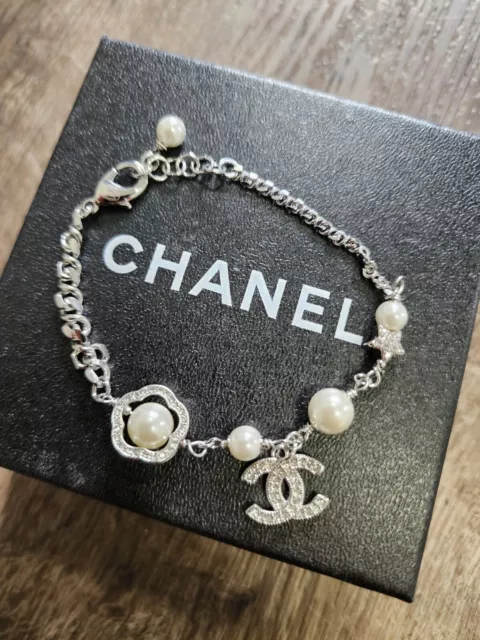 Authentic CHANEL rhinestone and pearl Bracelet With Box And Bag