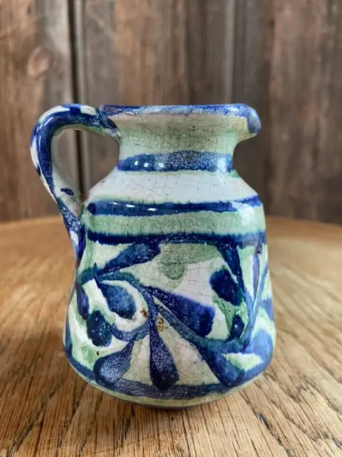 Signed Small Studio Art Pottery Jug Vase Hand Painted Blue Green Leaf Design