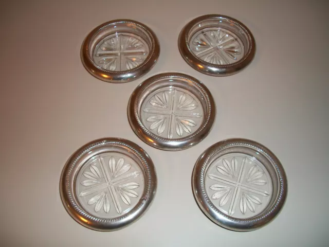 Vintage FB Rogers Pressed Glass Coasters with Sterling Silver Rim Set 5