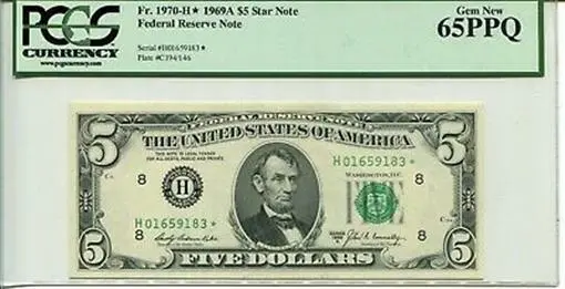 FR 1970-H* Star 1969A $5 Federal Reserve Note 65 PPQ GEM NEW