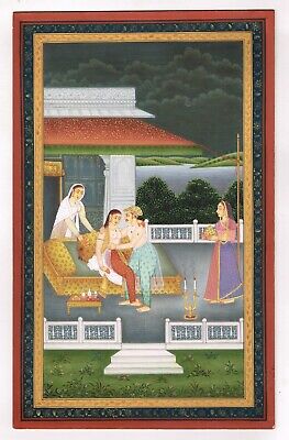 Indian Miniature Painting Of Mogul Emperor & Empress in Love Scene Art On Paper