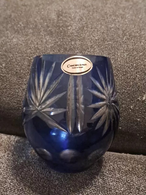 vase Verre Ancien Cristal Taillé Bleu Bohême Art Nouveau Deco