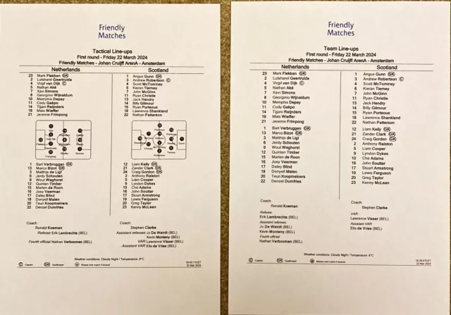 Netherlands v Scotland, 22/3/2024, International Friendly, UEFA Team Sheets x 2