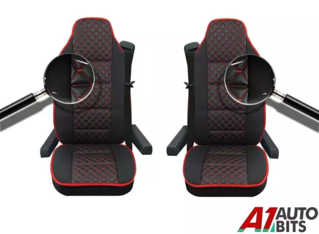 For Mercedes Actros Axor Atego Black Red Stitch Leatherette & Fabric Seat Covers