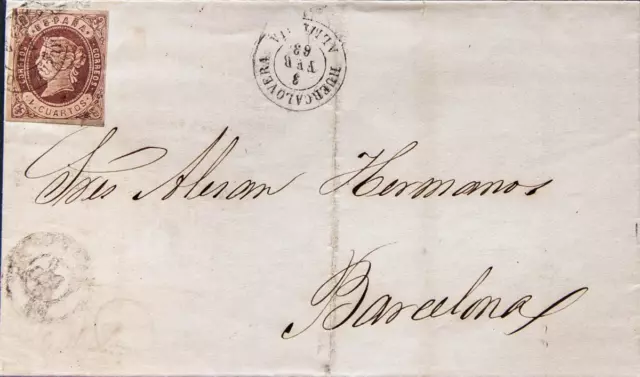 Andalucía. Historia Postal. SOBRE  58. 1863. 4 cuartos castaño. HUERCAL-OVERA a