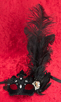 Mask from Venice Colombine Black - Lace Burano - Feathers Ostrich 1578