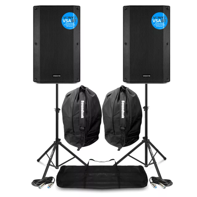 VSA-BT 15" Pair Active PA Speakers Bi-Amp 2000w DJ Sound System, Stands & Bags