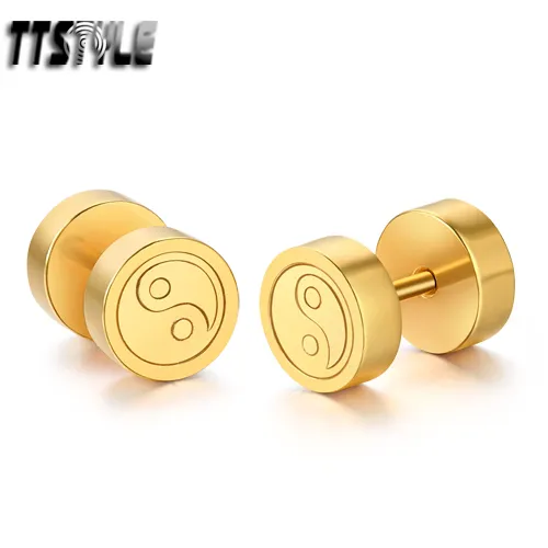 TTstyle 8mm Gold Surgical Steel Ying&Yang Fake Ear Plug Earrings NEW