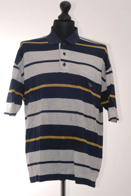 Paul & Shark Mens Polo Shirt XL Blue Grey Striped Button Polo Neck Cotton