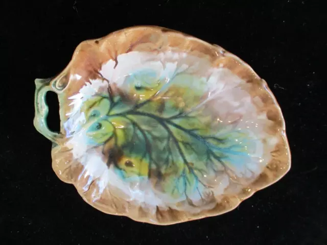 Vintage 7" x 5 1/2"  Majolica Plate Green Brown Aqua Begonia Leaf NR