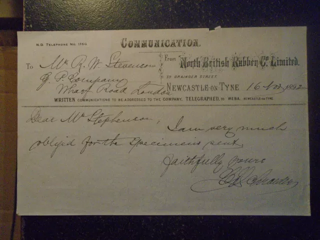 1892 Billhead, Newcastle on Tyne, North British Rubber Co, Ltd, Communication