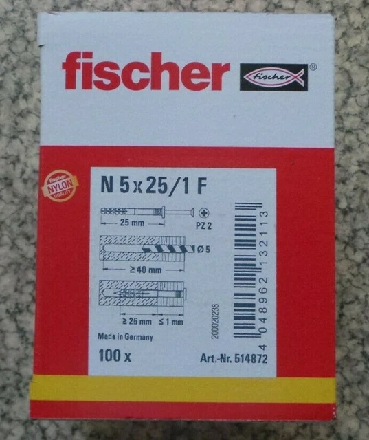 Lot De 100 Chevilles à Frapper Fischer 5x25 Mm - Réf 514872, Nylon, Solides Et Prêtes à L'emploi