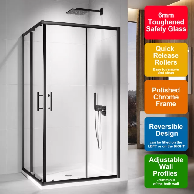 Square Sliding Shower Screen Enclosure Double Door Black 800/860/900/1000/1200mm