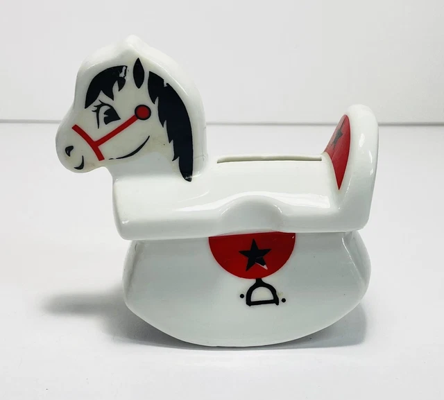 Vintage Ceramic Rocking Horse Coin Bank Red Black White Small Animal Decor