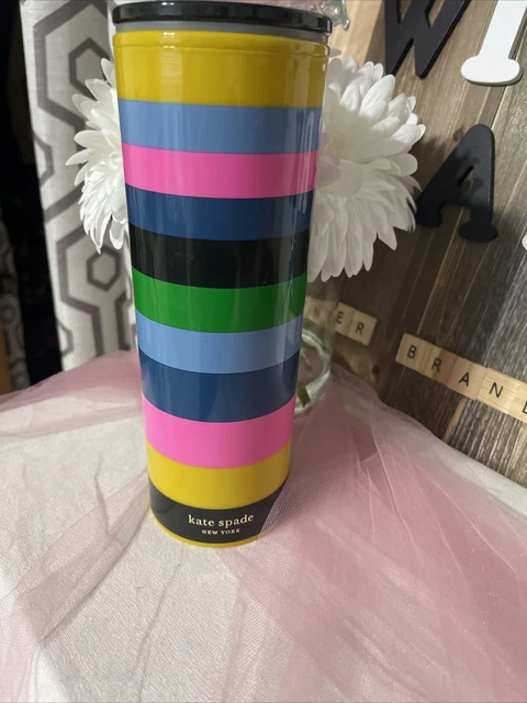 Kate Spade Travel Thermal Tumbler Mug 16 oz Enchanted Stripe New