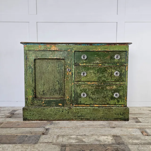 Victorian Pine Sideboard or Cupboard, Chippy Green Paint, Rustic Antique