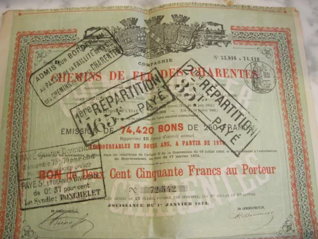 Titre/Obligation Cie Chemins De Fer  Des Charentes  1876 Tbe