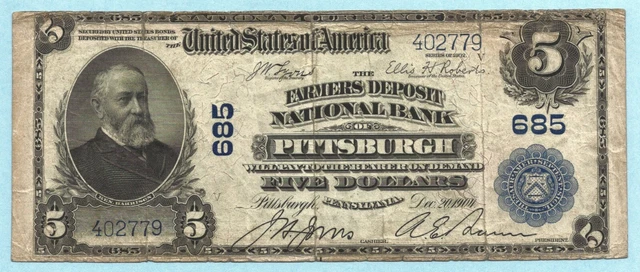 $5 National Currency 1902 PB Ch#685 - Farmers Deposit NB, Pittsburgh, PA - VF