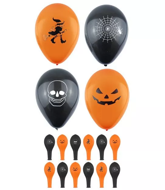 12 Large Halloween Latex Balloons - Party Decoration Orange Printed Black Skull