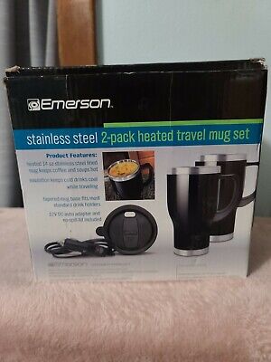 New Emerson Stainless Steel 14oz 2 Pack Heated Travel Mug Set  12V DC Adapter 2