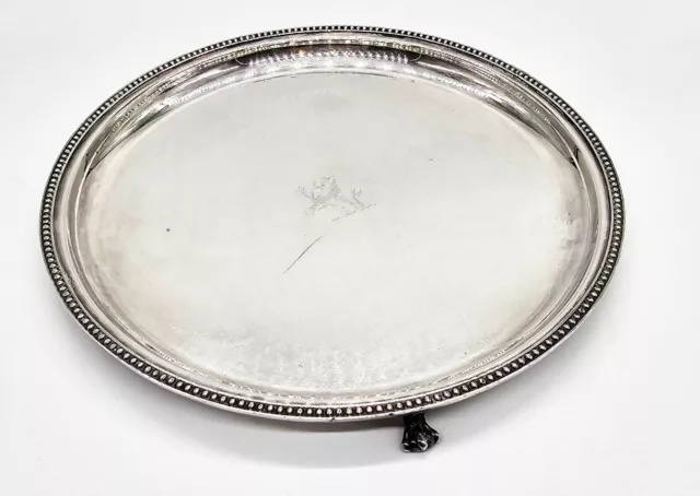 Silverplate Salver Footed Tray 12” Diameter, Lion Crest Etching, Prill, No Mono
