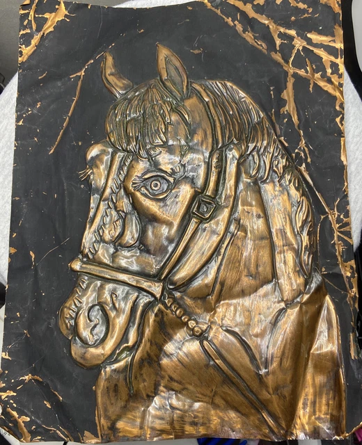 VINTAGE EMBOSSED RELIEF Hammered Copper Horse Head Portrait Wall Plaque