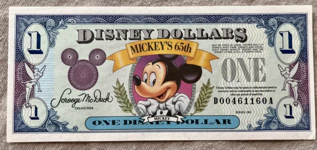 Disney Dollars 1993 $1.00 Mickey Mouse - 65th Birthday - D Series Uncirculated