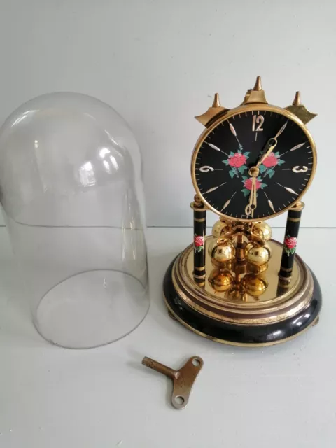 Vintage German Anniversary Clock Flower Face With Key Glass Dome Spares/ Repairs