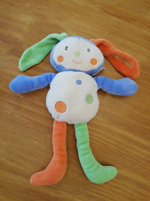Doudou Nounours Lapin Orange Bleu Vert Beige Grelot