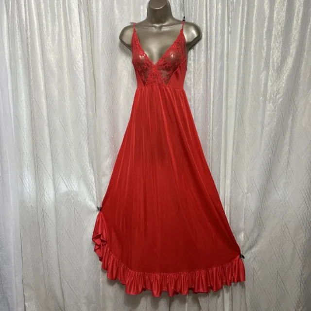 VTG M L Nightgown Red Nylon Lace Shiny Negligee Sexy Ruffle hem Slinky ...