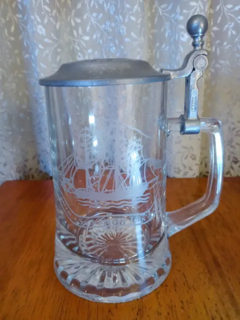 Vintage ALWE Clear Etched Glass Stein Ship Grand Turk Pewter Lid West Germany