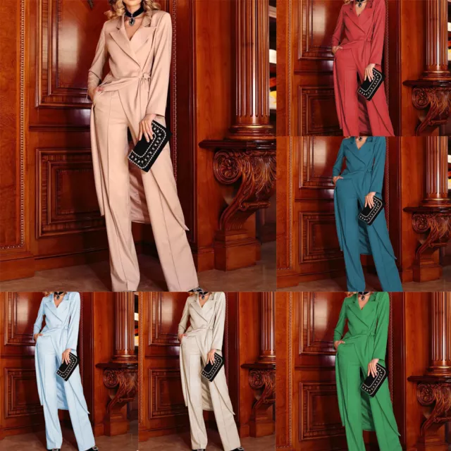 Long Women's Suit 2 Pieces With Belt Slim Outfit Evening Party Wedding Blazer