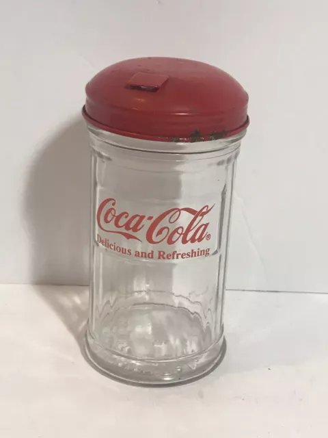 COCA-COLA Glass Sugar Shaker Jar Red Metal Lid Restaurant Style 1992 VTG 634