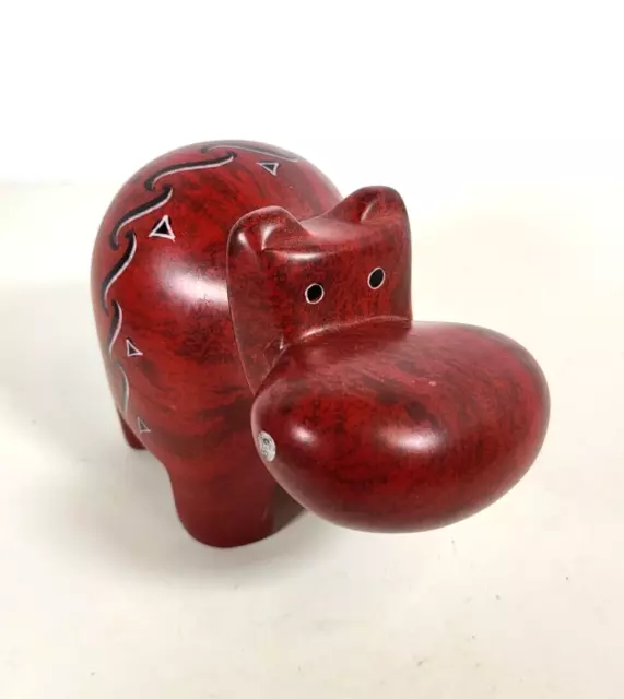 Hand Carved Soap Stone Hippo Figurine Hand Painted Red Hippopotamus