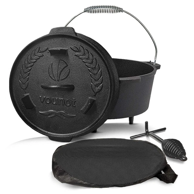 VOUNOT Dutch Oven Set mit Deckelheber BBQ Feuertopf Gusseisen Schmortopf 9L