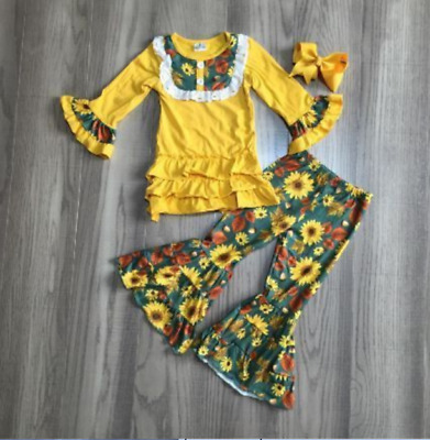 NEW Boutique Sunflower Ruffle Tunic Shirt Bell Bottoms Girls Outfit Set