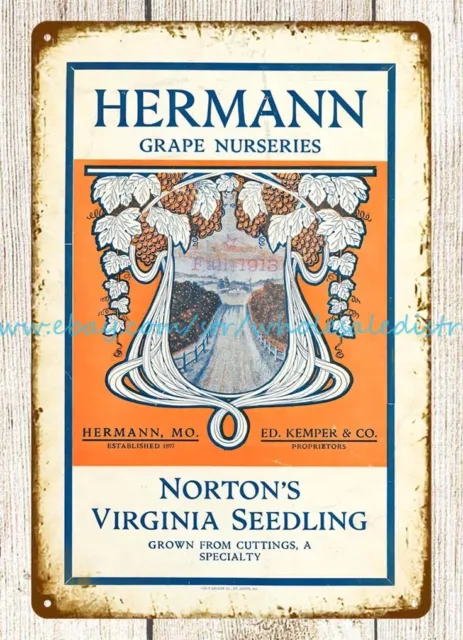 placa 1913 Hermann viveros de uva Norton's Virginia plántulas metal letrero de estaño